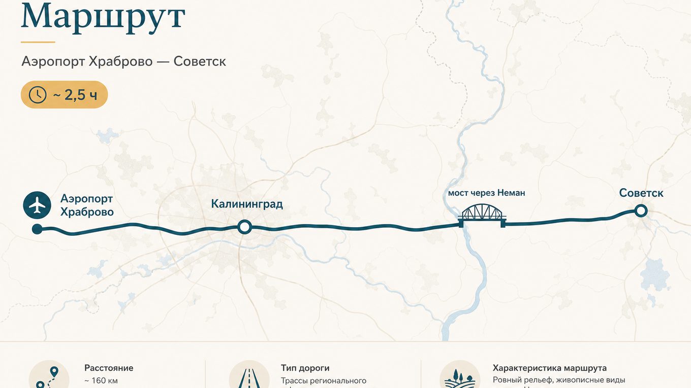 Схема: аэропорт Храброво — Советск, ~2,5 ч · ~150 км