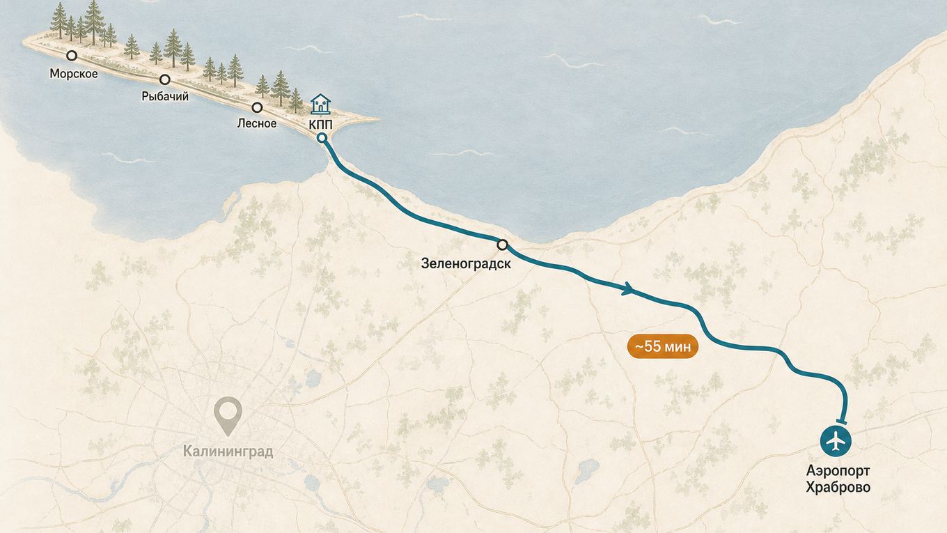 Схема: Куршская коса — КПП — Зеленоградск — аэропорт Храброво, ~55 мин