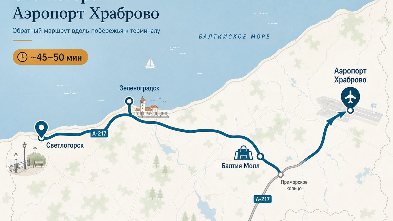 Схема: Светлогорск — Зеленоградск — аэропорт Храброво, ~45–50 мин