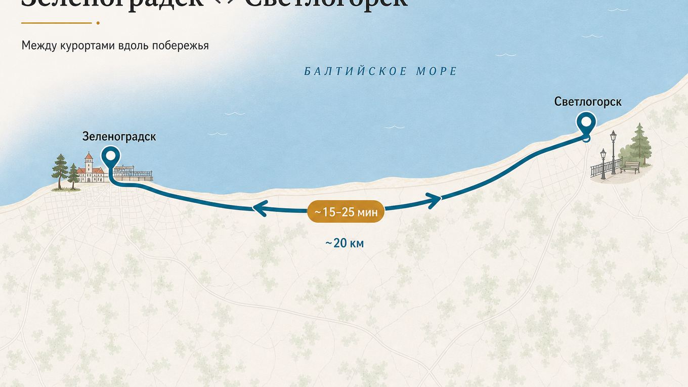 Схема: Зеленоградск ↔ Светлогорск, ~20 км, ~15–25 мин вдоль побережья